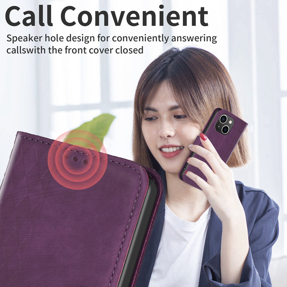 Uniqkart for iPhone 15 Plus Mobile Phone Case Stand Wallet Imprinted Rhombus PU Leather Cell Phone Cover - Purple Uniqkart for iPhone 15 Plus Mobile Phone Case Stand Wallet Imprinted Rhombus PU Leather Cell Phone Cover - Purple